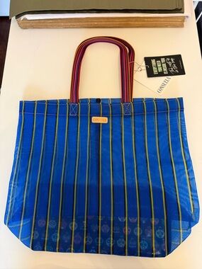 Consuela Blue Striped Tote with Multicolor Handles New with tags